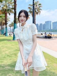 White Embroidered Euro Organza Dress High Waist A-Line Cheongsam Skirt Bubble Sleeve New Chinese Style Summer Fashion Womens Dress
