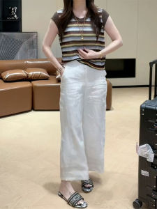 Shalldoer | Bộ đồ hai mảnh thời trang mùa hè cổ tròn sọc không tay áo len dệt kim quần ống đứng thường ngày cho nữ