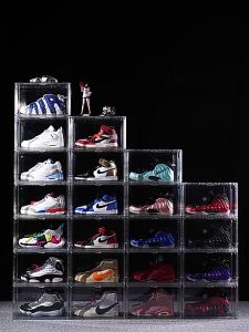 Shoe Storage Box Clear Plastic Stackable Shoe Box Drop Front Shoe Box with Clear Door Shoe Organizer and Shoe Containers For Sneaker Display Space Saving Foldable Shoe Rack Bin Holder Stackable Easy Assembly