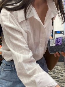 Spring Summer Love-Minuet Casual Cotton Shirt Womens Loose Fit Long Sleeve Polo Neck Dark Stripe Pattern Fashionable Versatile