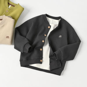 Loose Fit Childrens Cardigan Cotton Gingham Embroidered Letter round Neck Spring Autumn Wear for Boys And Girls