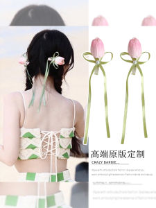 คลิปผมโบว์ผีเสื้อสีเขียวและดอกกุหลาบสีชมพู ตกแต่งผมแบบผูกหางม้าสองข้าง รุ่นใหม่ปี 2024 ไม่มีแบรนด์ ไม่มีเครื่องหมายการค้า