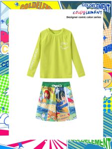 COLDELEMENT | Long Sleeve Childrens Swimming Costume Boys Beach Swimwear UV Protection Summer New Style Green Fluorescent Cartoon Design