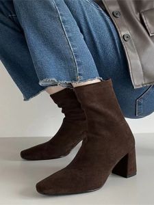 Brown High Heels Short Boots Womens Fall and Winter New Short French Style Small Ankle Boots Suede Chunky Heel Square Toe Skinny Boots Womens Shoes