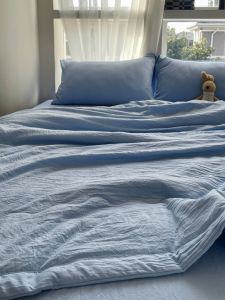 INS Super Soft Blue Washed Cotton Summer Quilt Four-Piece Set Summer Quilt Pure Color Machine Washable Air Conditioner Lightweight Quilt Inner