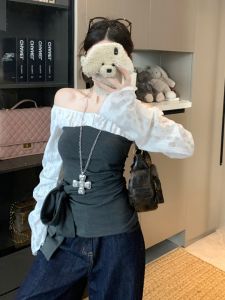 GUZILIAN | Spring Season Color Block Collision Fake Two-Piece Long Sleeve Womens T-Shirt Waist-Cinching Design Shoulder-Baring Elegant Top