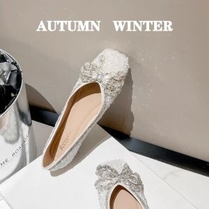 WANGGONGZHU | Fashionable Flat Bottom Womens Single Shoes Soft Sole Shallow Water Diamond Casual Leisure Wedding Shoes Korean Style Butterfly Knot