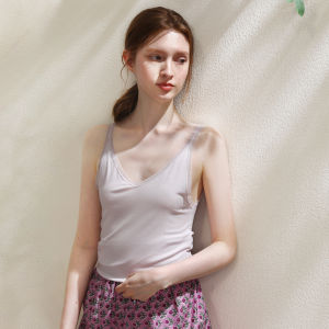 XEXZ | Áo ba lỗ ren lạnh bằng lụa băng dệt kim cổ chữ V màu trơn gợi cảm kiểu Pháp Áo lót mùa hè cho nữ