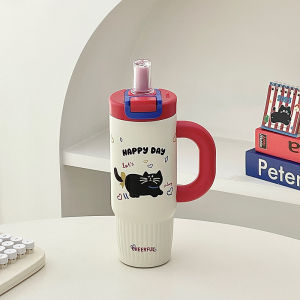 Cute Cat Design Thermal Flask High Appearance Handle Straw