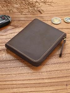 Retro Mens Crazy Horse Top Layer Cowhide Short Zipper Wallet Ultra Thin Horizontal Leather Clip Student Simple Money Clip