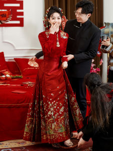 Red Long Sleeve Marriage Dress New Chinese Style Wedding Gown Bride Drinking Ceremony Costume Winter Wedding Outfit Set