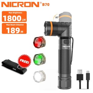 Nicron flashlight B70 High Brightness flashlight 1800lm high brightness 189m long beam with white/red/green 3 color light 2600mAh rechargeable flashlight IP65 Waterproof flashlight outdoor ﻿hikingcampingRepairingEmergency Construction
