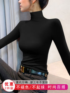 Modal Black High Collar Bottoming Shirt Womens Fall and Winter Skinny Inner Match Long Sleeves Mask T-shirt Thin Pile Collar Tops