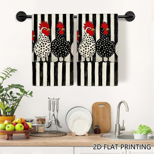 2-Pack Farmhouse Striped Rooster Kitchen Towels Dish Towels Hand Towels Holiday Decorative Hand Towels Soft Absorbent Drying Cloths Kitchen Decor Table Decor Kitchen Supplies Home Decor