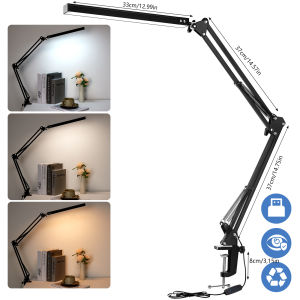 LED Folding Metal Desk Lamp Clip on Light Clamp Long Arm Diming Table Lamp 3 Colors Adjustable For Living Room Reading Computers