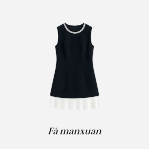 FAMANXUAN | Đầm Acetate Có Nẹp Màu và Gấp Li Cổ Thêu Đính Bằng Tay