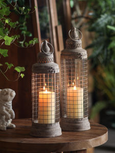 Rustic Iron Wind-Resistant Candle Lantern Outdoor Glass Cover Hanging