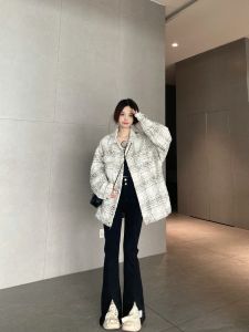 Elegant Plaid Outerwear Womens Spring Autumn Loose Stylish Jacket Top Korean Style Small Fragrance Style Button Splice Pocket