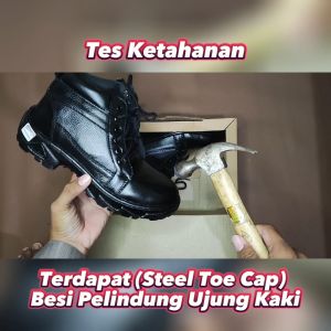 Kulit Sapi Aseli - Sepatu Safety Pria Boots kINGS: Ujung Besi Outdoor Tracking Touring Hiking Warna Hitam & Bonus Kaos Kaki