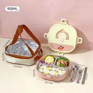 WORTHBUY | Hộp Cơm Trưa Bằng Thép Không Gỉ Hoạt Hình Kèm Bộ Dao Dĩa Chống Rò Rỉ Có Thể Dùng Lò Vi Sóng Hộp Bento Dành Cho Trẻ Em Học Sinh Hộp Đựng Thức Ăn Thân Thiện Với Môi Trường