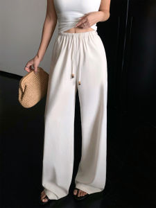 NEVA HU Womens Loose Wide Leg Casual Pants Thin Breathable Drawstring Straight Holiday Long Tencel Linen Pants