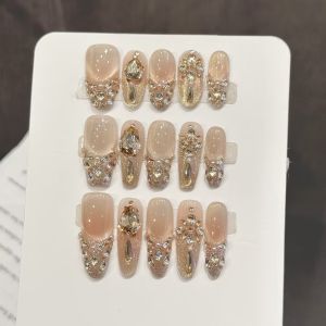 10pcs Handmade Fake Nails Press On Nails Powder bare gold diamond French Diamond-studded luxury style Designs
