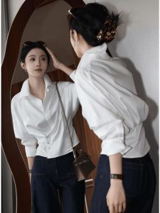SHANGSHA | Elegant Breathable Commuter Wear White Waist Cinched Shirt