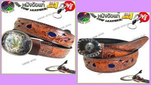 เข็มขัดหนังวัวแท้เย็บขอบลายดอกเหลื่ยมฉลุฟ้าซื้อ1ฟรี2 เข็มขัดหนังวัวแท้เย็บขอบ+หัวเข็มขัด แถมฟรีพวงกุญแจ เข็มขัดหนังวัวงานแฮปวี่ เข็มขัดแนวคาวบอย เข็มขัดสไตล์วินเทจ ผลิตจากหนังวัว100% ย้อนยุค ลำลอง ทนทาน ถอดเปลี่ยนหัวเข็มขัดได้เจาะรูให้Genuine leather belt