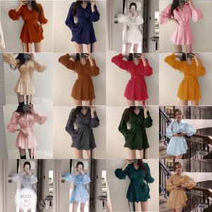 ชิ้น Set 3 เสื้อแขนยาวคอปก+กางเกงขาสั้น+สายคาดเอว งานนี้ใช้ผ้าซาร่าเนื้อนิ่ม��