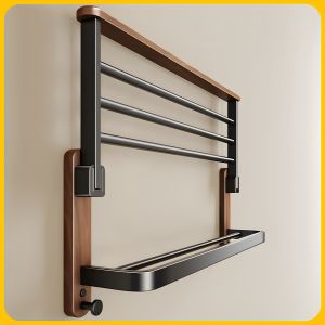 High-End Bathroom Towel Rack Walnut Wood No Drilling Required Bathroom Storage Shelf Space Saver Wall Mounted Towel Bar
