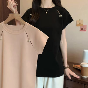 plus Size Womens Knitted Short Sleeve T-Shirt French Design Embellished Summer Top Comfortable Loose Fit round Neck Casual Wear