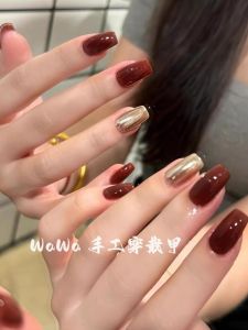 Handmade Nail Art Wearable Nail Tips White Enhancing Red Wine Color Simple High-End Short Square Shape Chinese New Year Theme