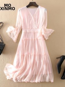 XMO | Elegant Lady Style Pure Color V-Neck Silk Dress Flared Sleeves Mid-Length