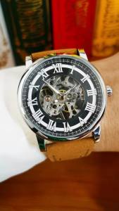 Forsining Cổ Điển Nam Đồng Hồ Cơ Skeleton Hand Winding Dạ Quang Tay Dây Da Màu Nâu Kinh Doanh Đồng Hồ Đeo Tay Chống Sốc