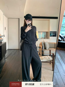 Xic Airy Velvet Set 3.0 Collared เสื้อสเว็ตเชิ้ต เสื้อแจ็คเก็ต Plus ลำลอง Wide Leg กางเกง ชุดสองชิ้น โพลีเอสเตอร์ Fiber Long Sleeve