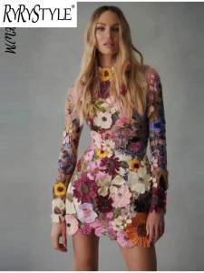 Elegant Luxury Floral Embroidery Women Mini Dress Female See Through Long Sleeve Dresses Spring Evening Party Lady. Vestido