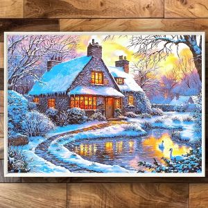 Kayou | 2000/1500/1000/500pcs Enchanting Winter Cottage Jigsaw Puzzle for Adults - Snowy Retreat Scene with Swan Pond & Sunset