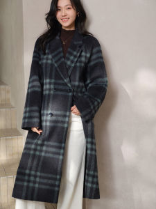 Double Breasted Notched Collar Grid Pattern Winter Loose Coat