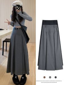 plus Size Womens Grey Pleated Midi Skirt High Waist Suit Style Cover Hip Spring Summer New Arrival Elegant Office Wear