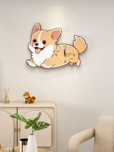Cute Kitchen Clock Wall Hanging Wooden Disk Shape Clock for Living Room Decor Featuring Affectionate Corgi Dog Design