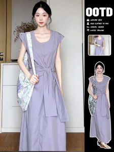 SUSIEYUAN | Váy xanh tím mùa hè 2025 mới hợp thời trang váy dài cạp cao cho nữ váy chữ A tay ngắn cổ tròn váy midi