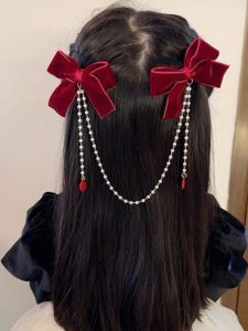 กิ๊บติดผมผ้ากำมะหยี่สีแดง ปมผีเสื้อ โซ่ ตกแต่งผม ของขวัญวันเกิด ของขวัญปีใหม่ สำหรับเด็กผู้หญิง ชุดกิ๊บติดผม