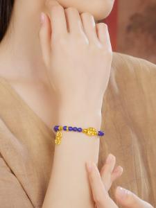 ZHOU LIU FU 周六福 24K Gold Lapis lazuli Bracelet SLapis lazuli Bracelet Gold Ksitigarbhas Footprints Bracelet Lucky Jewelry  for Women Mom Wife Daughter Birthday 17CM J1915264
