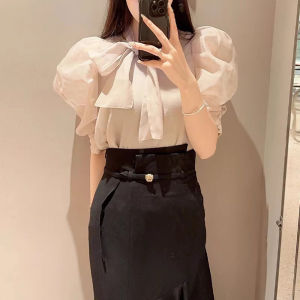 Big Sale S 23 Autumn Organza V Neck Bows Shoelace Puff Sleeves Versatile Shirt Top Swfb234022