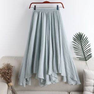 Spring Autumn Cotton Linen Half-length Pure Color Skirt Asymmetric Pleated Fish-tail Womens Skirt High Waist A-line Skirt