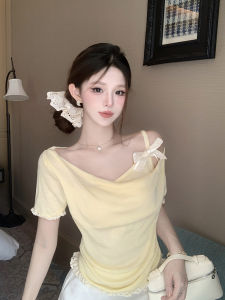 GUZILIAN | Korean Style Sweet Butterfly Knot Short Sleeve Womens Summer New Pure Desire Swing Neck Slim Fit Top Fake Two-Piece Wood Ear Splice