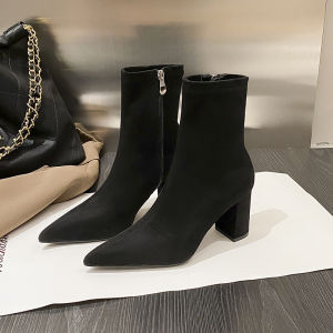 รองเท้าบูทส้นสูงทรงหัวแหลมสำหรับผู้หญิง ฤดูใบไม้ผลิและฤดูใบไม้ร่วง รองเท้าหนังนิ่มแบบยืดหยุ่น สไตล์ฝรั่งเศส ส้นหนา ทรงหัวแหลม