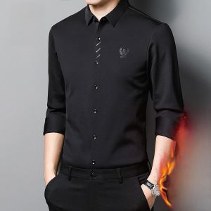 ROMON | Romon Mens Long Sleeve Fleece Lined Slim Fit Casual Shirt Warm Business Gentleman Style Winter Fashionable No Ironing Required