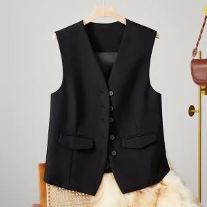 Fashion Simple Coat Vest for Women Y2k V-neck Single Breasted Tops Summer Sleeveless Loose Jackets Casual Office Lady Chic Tops