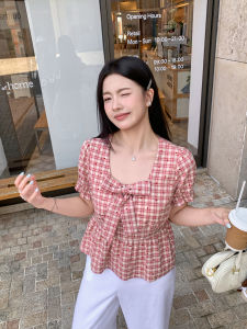 MASISI | Plus Size U-neck Bow Checked Short Sleeve Blouse